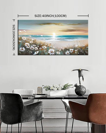 LKY ART Sunset Beach Wall Art Canvas White Flowers Canvas Prints Home Decor Painting for Living Room Bedroom Office Seascape Natural Landscape Wall Decor Ready to Hang