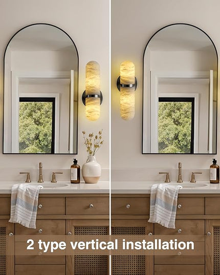 Alabaster Wall Sconces, 13in Black Alabaster Sconce, Modern Spanish Natural Marble Sconces Lights, Sconces for Bathroom Vanity Bedroom Living Room Staircases Hallway
