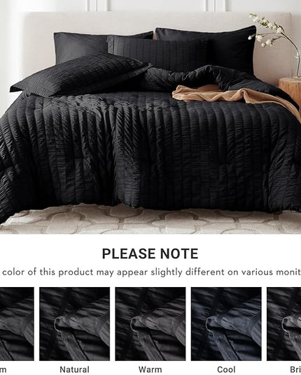 MUXHOMO 7 Pieces King Comforter Set, Seersucker Bed in a Bag King Size, All Season Luxury Bedding Set with Comforter, Flat Sheet, Fitted Sheet, Pillowcases & Shams, Black