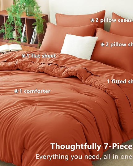 CozyLux King Comforter Set Burnt Orange, 7 Pieces Bed in a Bag Terracotta Comforter Set with Sheets, All Season Boho 7PC Bed Sets with Comforter, Fitted Sheet, Flat Sheet, Pillow Shams and Pillowcases