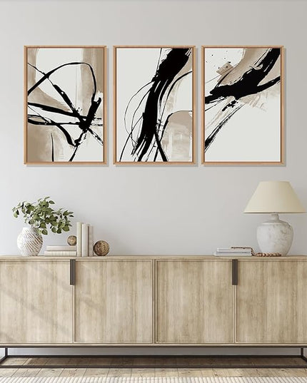 HOURIA Large Abstract Tan and Black Brush Stroke Framed Canvas Wall Art Set,Textured Beige Circle Wall Decor,Minimalism Brown Ink Line Artwork,Modern Shape Art Print for Living Room,Bedroom- 24"x36"x3
