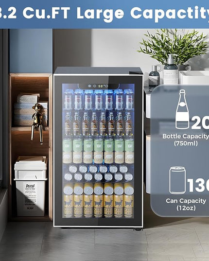 Mini Fridge 130 Can Beverage Refrigerator Cooler, 3.2 Cu.Ft Drink Fridge for Soda Wine Beer, Adjustable Temperature Control for Home Office, Black