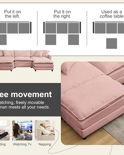 Modular Sectional Sofa, 108.27'' Modern Sleeper Couch with 3 Seat & 2 Ottoman & 3 Pillows Sofa Set, Comfy Cloud Couches with Movable Ottoman Deep Seat Sofa for Living Room,Chenille (Pink, U Shaped)