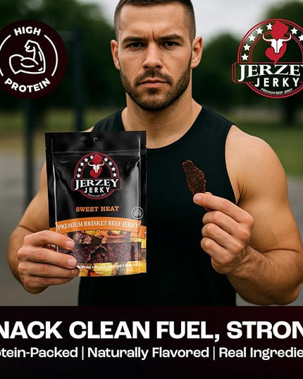 Jerzey Jerky Sweet Heat Brisket Jerky 2.5oz – High Protein, Gluten Free and Healthy Beef Snacks with Rich, Authentic Flavor