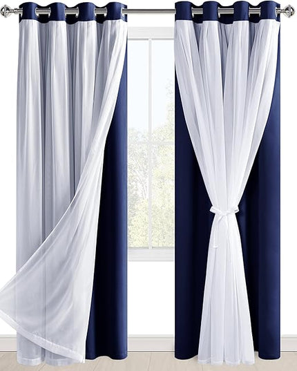 Hiasan Mix & Match Blackout Curtains with Sheer Overlay, Thermal Insulated Privacy Double Layer Room Darkening Window Curtains for Bedroom, Living Room, 2 Panels with Tiebacks, Navy Blue, 52W X 84L