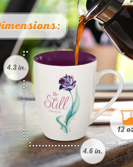 Christian Art Gifts Encouraging Scripture Ceramic Coffee & Tea Mug for Women: Be Still & Know Inspirational Psalm Bible Verse, Microwave & Dishwasher Safe, Novelty Cup, White & Purple Floral, 12 oz.