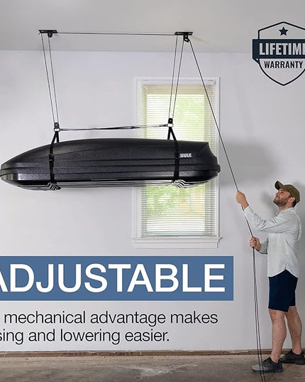 StoreYourBoard Cargo Box Pulley System – Heavy-Duty Garage Hoist Lift for Rooftop Carriers – Garage Storage & Garage Organization Ceiling Hoist with Pulley – Holds 150 lbs - Fits 8–10 ft Ceilings
