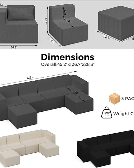 Minimalist Modular Corduroy Cloud Couch Sectional – Oversized Boneless Memory Foam Sofa for Living Room, Modern Comfy Couch, No Assembly Needed（130" U Shaped Boneless Sofa 4-Seater + 2*Ottoman,Grey）