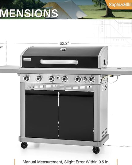 Sophia & William 6-Burner Propane Gas BBQ Grill with Side Burner & Porcelain-Enameled Cast Iron Grates, Gas Grill Griddle Combo for Outdoor Cooking, Barbecue Events, 740 SQ.IN. Cooking Area, Black