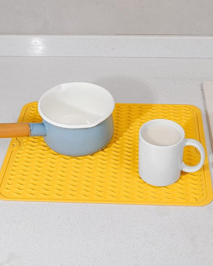 Silicone Dish Drying Mat for Multiple Usage,Easy clean,Eco-friendly,Heat-resistant Silicone Mat for Kitchen Counter or Sink,Refrigerator or drawer liner Yellow L 16 inches x 12 inches