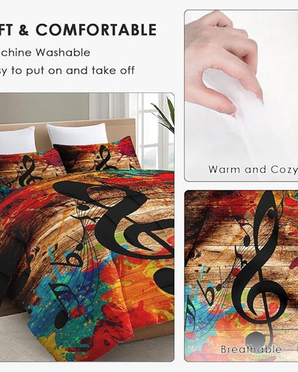 Full Size Comforter Set with 2 Pillowcases, Musical Music Disco 3 Pcs Bedding for Kids and Adults, Black Retro Woodboard Soft Comforter Set for Bedroom Bed Decor