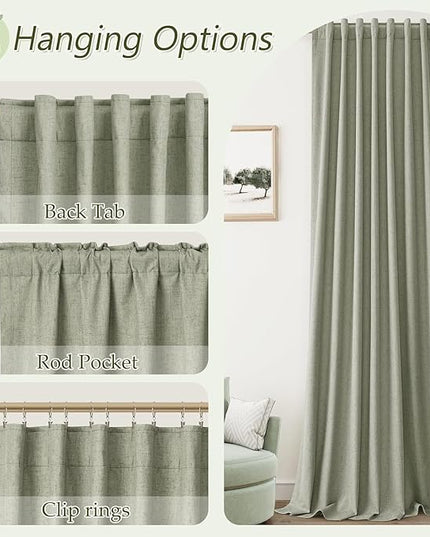 Guken 100% Blackout Linen Curtains 42 Inch Wide by 102 Inch 2 Panels Set for Living Room Bedroom Back Tab Thermal Insulated Black Out Linen Drapes Room Darkening Window Curtains, Sage Green