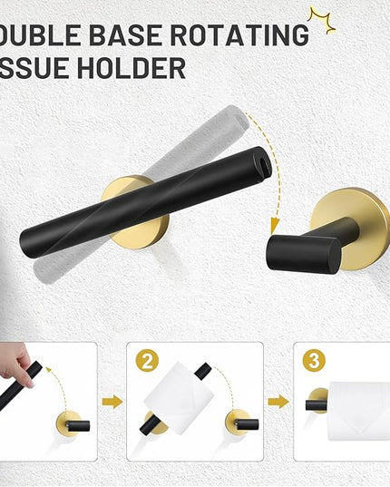 TURS Black and Gold 5 Piece Bathroom Hardware Set, SUS304 Stainless Steel Gold Black Towel Bar Set, 24 Inch Rould Bathroom Accessories Kit Wall Mounted