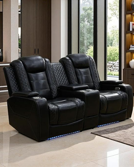 Power Recliner Loveseat Set, Black Leather Reclining Sofa Sectional Couch, 2 Seater Reclining Couches, Living Room Furniture Sets, Reclining Sofa with Cup Holders/Storage Console for House