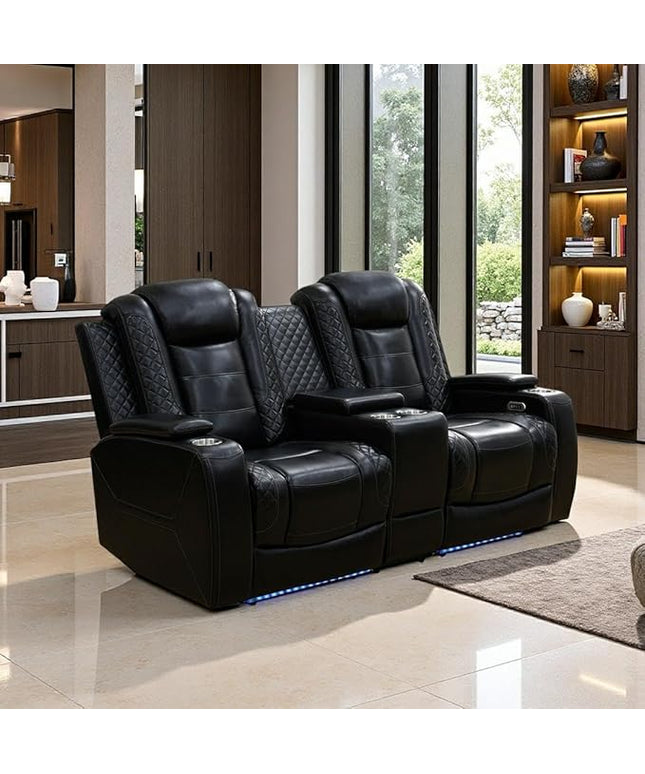 Power Recliner Loveseat Set, Black Leather Reclining Sofa Sectional Couch, 2 Seater Reclining Couches, Living Room Furniture Sets, Reclining Sofa with Cup Holders/Storage Console for House