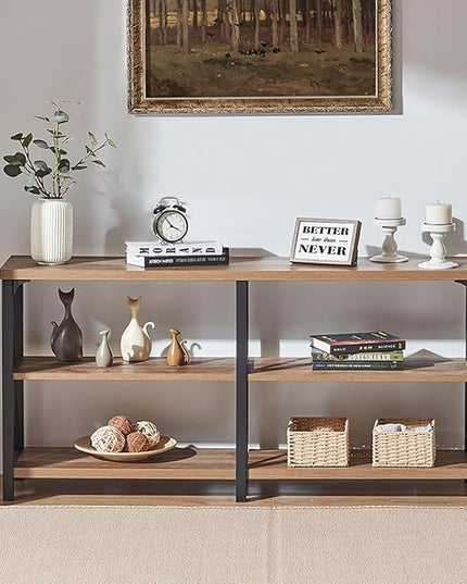 IBF Farmhouse Entryway Table, Rustic Long Console Table Behind Couch, Modern Metal Wooden Sofa Table with Storage Shelves, 3 Tier Foyer Hallway Table for Livingroom, Rustic Oak,63 in