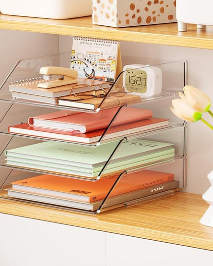 YKLSLH Simple 4 Tier Paper Organizer Letter Tray - Acrylic Stackable Desk File Organizer, Clear Paper Sorter Office Organizer for Letter/A4, Office File Ipad Books Notes Etc