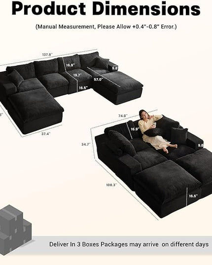 137.8” Sectional Couches for Living Room, Cloud Couch, Modular Sectional Sofa, Convertible Sofas Bed, Deep Seat Sofa, U Shaped Cozy Sofa Furniture Set, Corduroy, Black