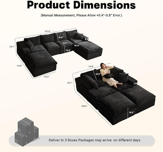 137.8” Sectional Couches for Living Room, Cloud Couch, Modular Sectional Sofa, Convertible Sofas Bed, Deep Seat Sofa, U Shaped Cozy Sofa Furniture Set, Corduroy, Black
