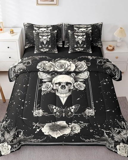 Feelyou Death Moth Kids Comforter Set 7 Pieces, Gothic Skull Skeleton Bedding Full with 1 Comforter,1 Fitted Sheet,1 Flat Sheet,2 Pillowcases,2 Throw Pillow Cover,Boho Flower Bed Set for Boys Girl