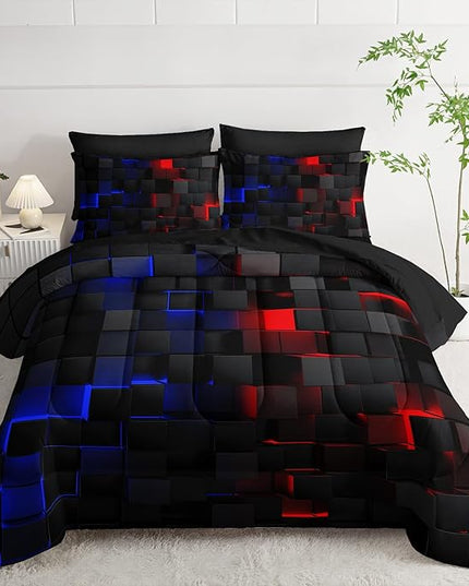 Red and Blue Checkered Comforter Set Queen Honeycomb Bedding Sets,Light Honeycomb Bedding Set 7 Piece in A Bag,Bed Sheet Set Geometry Decor,Microfiber Lightweight All Season