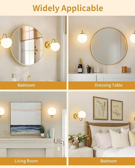 Vintage Bathroom Vanity Light Fixtures Over Mirror, Brushed Gold Vanity Lights For Bathroom With Milk White Glass Globe Shade, Wall Sconces For Bedroom, Hallway, Dressing Table(Includ G9 Bulb)