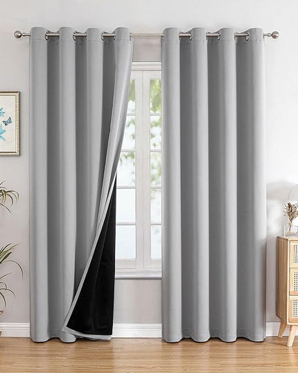 ChrisDowa 100% Blackout Curtains 108 inch Long for Bedroom with Black Liner, 2 Thick Layers Total Blackout Thermal Insulated Grommet Window Curtains 2 Panels Set (Light Grey, 52 x 108 Inch)