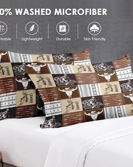 Twin Size Comforter Set with Pillowcase, Western Animal Cow Cowboy 2 Pcs Bedding for Kids and Adults, Vintage Brown Soft Comforter Set for Bedroom Bed Decor