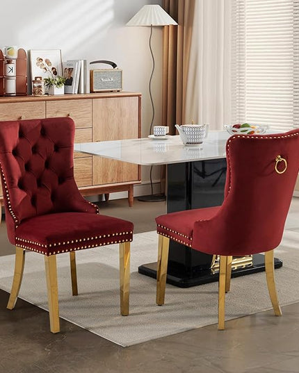 SoarFlash Velvet Dining Chairs Set of 2, Tall Back Side Chair, Modern Upholstered Side Chair with Button Back Ring, Gold Plated Stainless Steel Legs (Red)