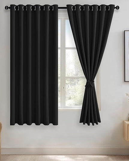 JIUZHEN Black Blackout Curtains with Tiebacks - Thermal Insulated, Light Blocking and Noise Reducing Grommet Curtains for Bedroom and Living Room, Set of 2 Window Curtain Panels, 70 x 63 Inch Length