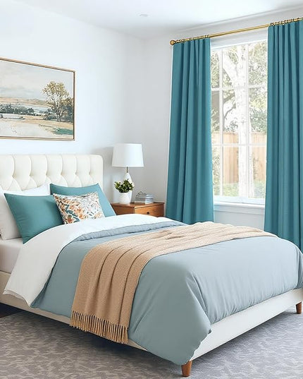 INOVADAY 100% Blackout Curtains for Bedroom, Black Out Curtains 84 Inch Long, Clip Rings Linen Blackout Drapes, Thermal Insulated Room Darkening for Living Room, 2 Panels - Teal,W50xL84