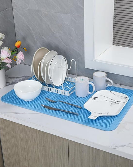 Silicone Dish Drying Mat for Multiple Usage,Easy clean,Eco-friendly,Heat-resistant Silicone Mat for Kitchen Counter or Sink,Refrigerator or Drawer Liner Light Blue 4XL 32 inches x 18 inches