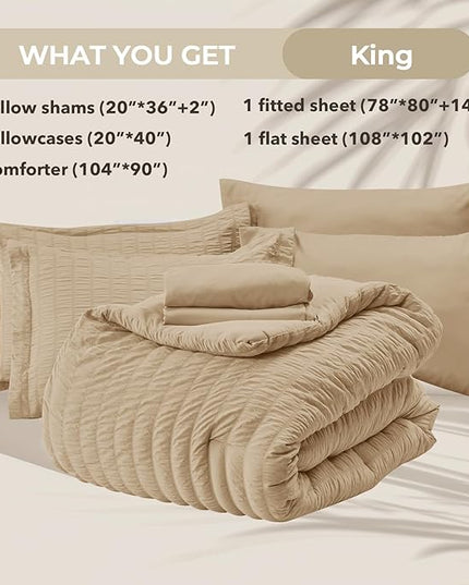 HYMOKEGE Khaki King Size Comforter Set Seersucker 7 Pieces, All Season Luxury Bed in a Bag for Bedroom, Bedding Set with Comforter, Sheets, Pillowcases & Shams