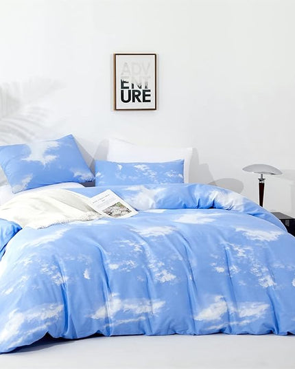 CLOTHKNOW Blue Sky 3Pcs Bedding Set - Twin Comforter Set with 2 Pillowcases, Cotton Microfiber, Cloud Design, Unisex, All Seasons, Machine Wash