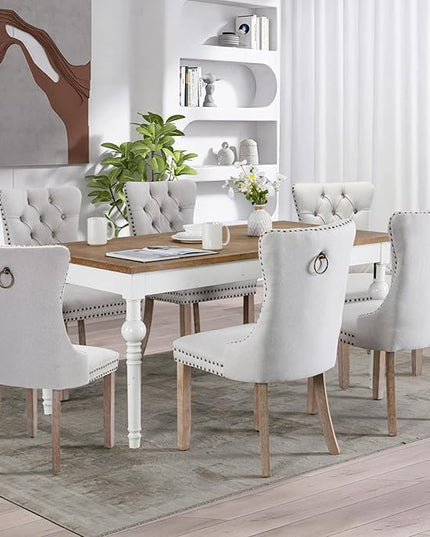 SoarFlash Linen Fabric Dining Chair Set of 6, Upholstered Tufted Dining Room Chair with Nailhead Trim,Solid Light Color Wood Leg for Kitchen (Beige)