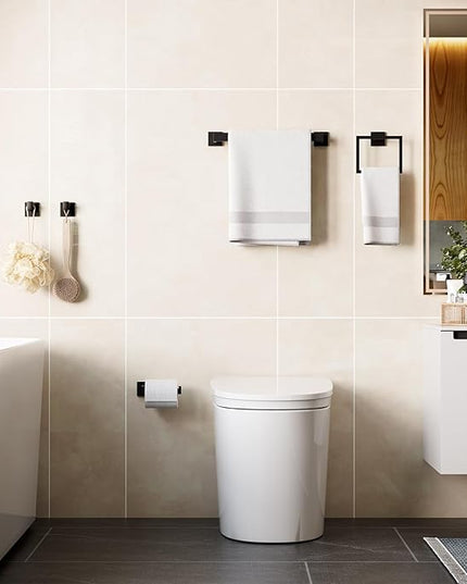 5-Piece Matte Black Bathroom Accessories Set, SUS304 Stainless Steel Wall Mounted 16 Inch Hand Towel Bar, Toilet Paper Holder, Towel Ring, Towel Hooks, Bathroom Hardware Set, Towel Bar Set