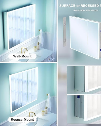 WELLFOR 30" X 30" Medicine Cabinet with Lights, 3X Magnification, Anti-Fog Mirrored Cabinet, Bathroom Vanity Medicine Cabinet with Outlets & USB Ports, Double Doors