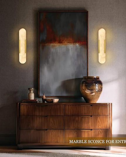 Alabaster Wall Sconce, 20" Natural Marble Wall Sconce, Brass Alabaster Sconces Set of Two, Indoor Modern Bathroom Sconces Wall Lighting for Living Room, Bedroom, Hallway, Stairs