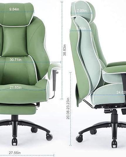 DJ·Wang Big and Tall Office Chair with Foot Rest, High Back Executive Office Chair PU Leather, Ergonomic Chairs with Lumbar Support, 135° Reclining Chairs with Thickened Spring Cushion Green