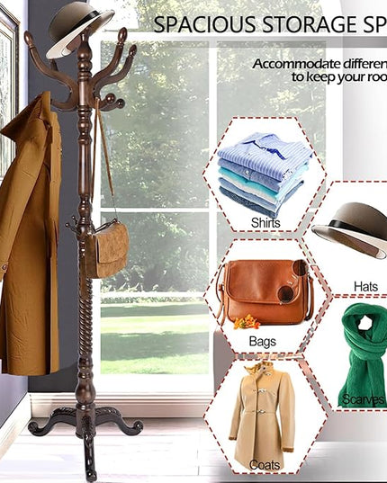 Coat Racks Free Standing with 14 Hooks, Natural Wood Coat Stands for Entryway, Adjustable Height 73 in Tree Coat Rack Stand for Hallway Home Office Bedroom (Dark Brown Triangle)