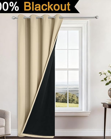 Yakamok 100% Blackout Curtains 84 Inches Long, 2 Thick Layers Heat and Full Light Blocking Soft Thermal Insulated Drapes for Bedroom(52" Wide Each Panel, Beige, 1 Panel)