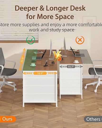 60 Inch Computer Desk with 8 Drawers, Home Office Desk with Power Outlets, Work Study Gaming Desk with 8 Fabric Drawers, Brown and White