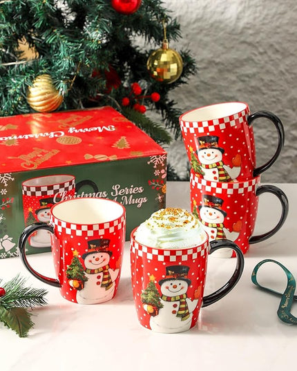 HASENSE Coffee Mugs, 15 OZ Coffee Cups Ceramic Set of 4 with Handle and Snowman Patterns for Man Woman, Colorful Christmas Porcelain Coffee Cups Set for Tea, Cocoa, Milk, Latte and Cappuccino