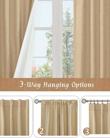 LAMIT 100% Blackout Curtains for Living Room, 95 Inches Natural Linen Textured Thermal Bedroom Curtains Back Tab and Rod Pocket Farmhouse Burlap Panels with White Liner, 2 Panels, 52 x 95 Inch