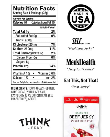 Think Jerky Sweet Chipotle Beef Jerky, Grass-Fed High Protein Beef, Gluten Free, No Antibiotics or Nitrates, Healthy Chef Crafted Recipe, Low Calorie and Low Fat - 1.0 oz Bags, 12 Pack