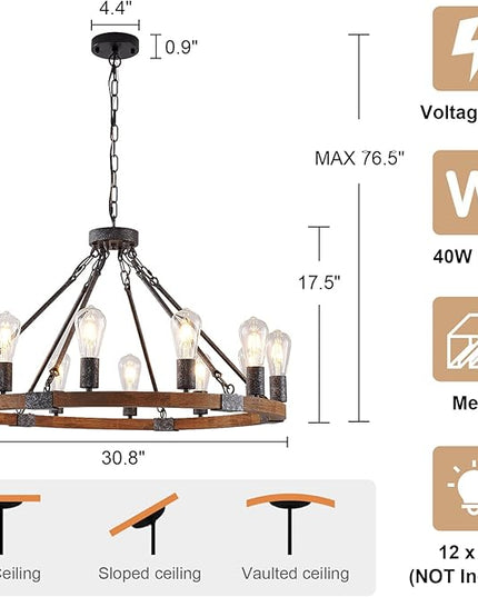 Farmhouse Wagon Wheel Chandelier 31" Black Wooden Chandelier 12-Light Rustic Pendant Light Fixture for Dining Room Living Room Entryway Foyer