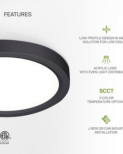 ASD LED 7" Round Flush Mount Ceiling Light Fixture, Low Profile Surface Lighting | 5CCT, Dimmable, Ultra-Thin, ETL Listed | 15W 1260LM 2700-6000K 120V | Kitchen, Bedroom, Hallway Lamp | Black, 12 Pack