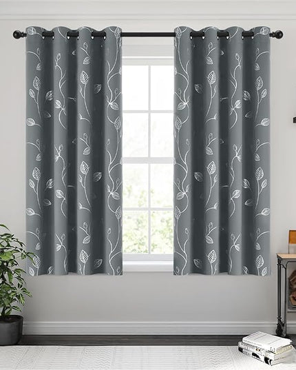 BUHUA Room Darkening Curtains 63 Inch Length, Window Treatments for Living Room Grommet Curtains with Silver Leaf Foil Design (52 x 63 Inch,Grey,Set of 2)