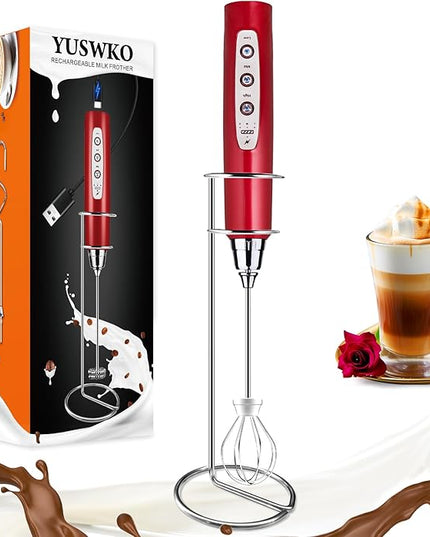 YUSWKO Red Rechargeable Milk Frother for Coffee with Stand, Handheld Drink Mixer with 3 Heads 3 Speeds Electric Stirrers for Latte, Cappuccino, Hot Chocolate, Egg