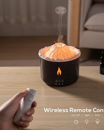 300ml Essential Oil Diffuser, Volcano Flame Aromatherapy Diffusers Fragrant Humidifier Vaporizer with Remote Control, Night Lights, Timer Auto Off for Bedroom Home Office (Dark Wood Grain)